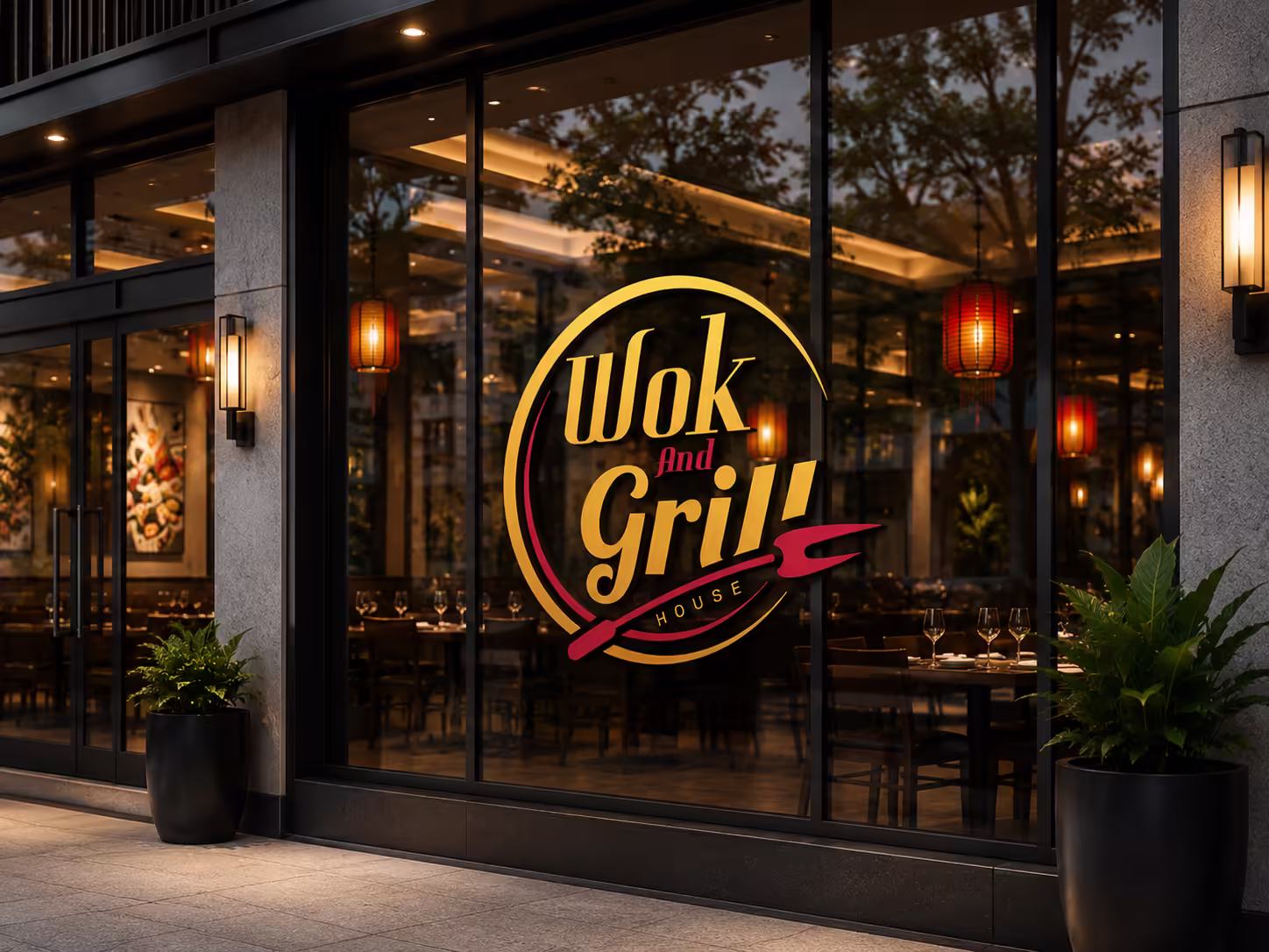 Wok And Grill House Logo Design Thumbnail — Black Background with Gold and Crimson Emblem